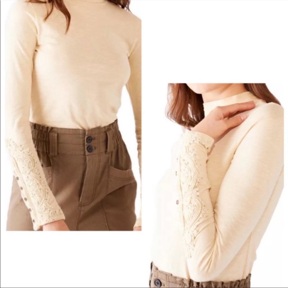 NWT Free People Hooked On You Embroider Cuff  Wheat Beige Long Sleeve Cotton Top